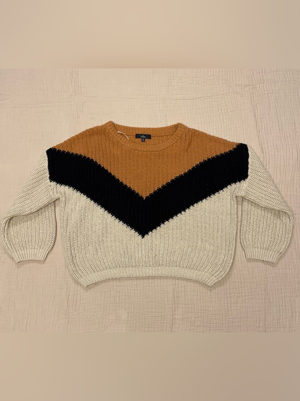 Lulu's Colorblock Chevron Crewneck Sweater - Cream, Black & Brown